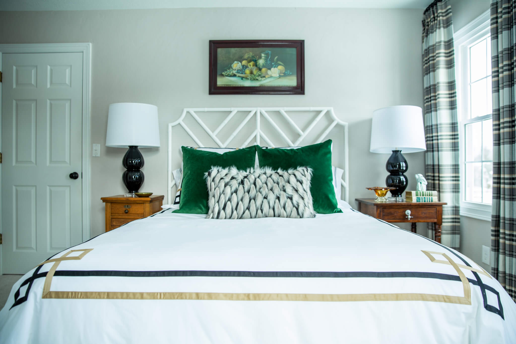 Custom Bedding with Green Pillows Guest Bedroom Lindsey Putzier Design Studio