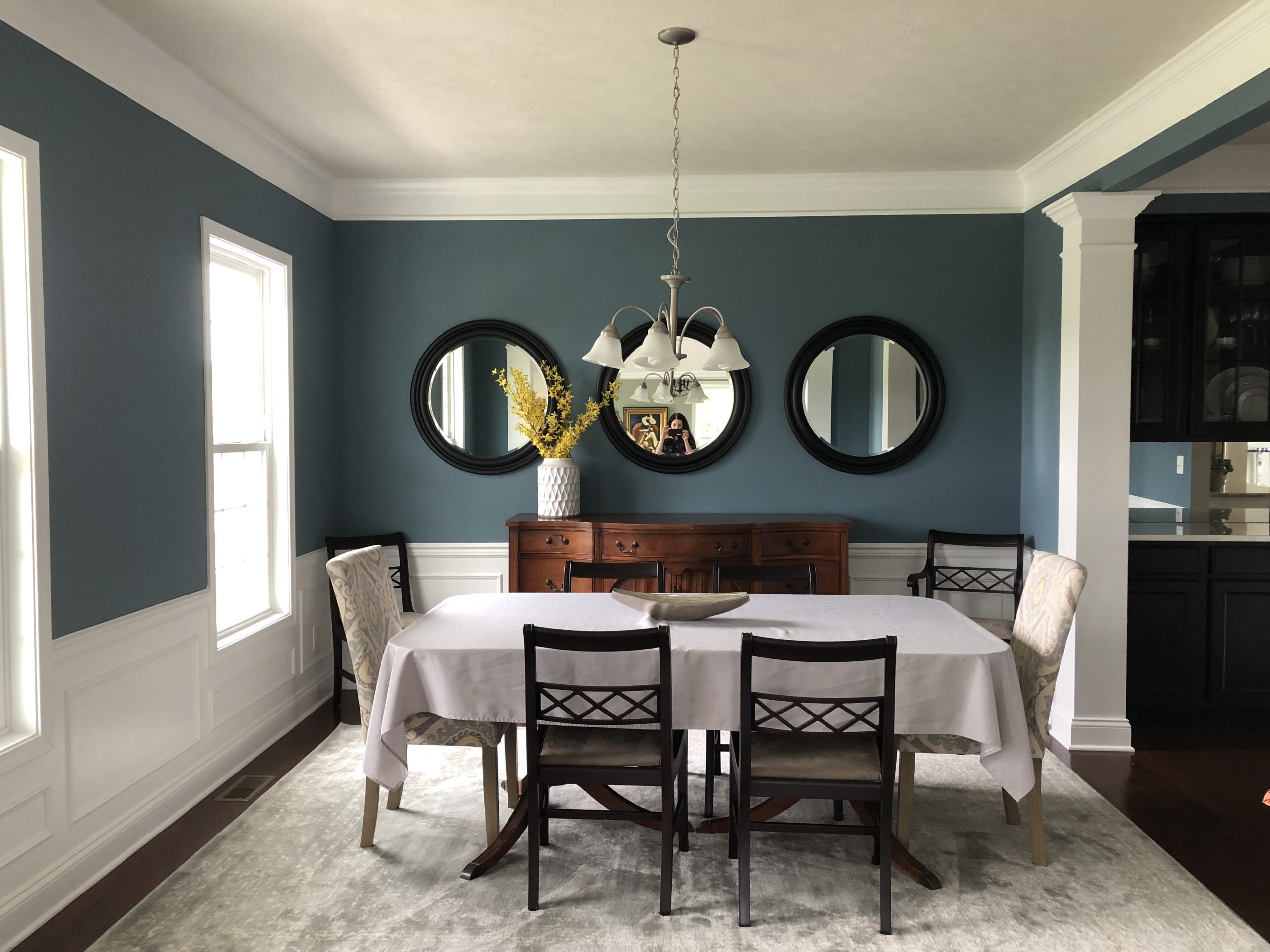 Dining Room Before with triple round mirrors Lindsey Putzier Design Studio