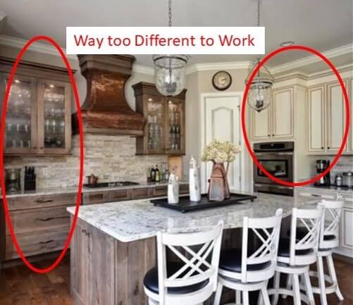 Kitchen Space Before with different cabinet styles that don't blend together Lindsey Putzier Design Studio