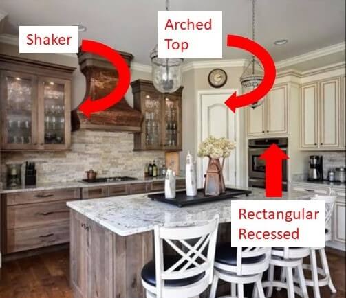 Kitchen Space Before with different cabinet styles that don't blend together Lindsey Putzier Design Studio