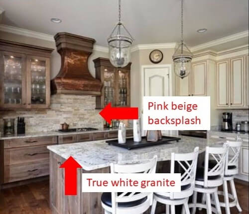 Kitchen Space Before with A true white, cool-toned counter, which does not play nice with the pink beige back splash Lindsey Putzier Design Studio