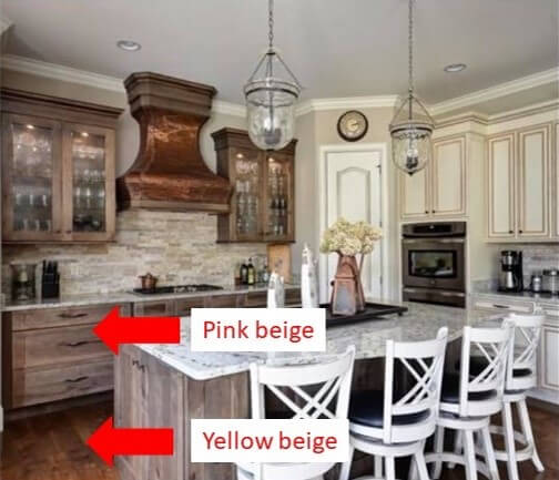 Kitchen Space Before with yellow beige flooring and pink beige cabinets Lindsey Putzier Design Studio
