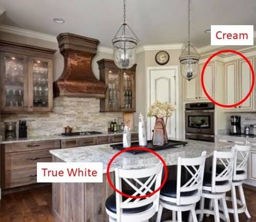 Kitchen Space Before with true white bar/counter stools and cream cabinetry Lindsey Putzier Design Studio