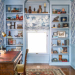 Blue Built-In Shelves Blue Wallpaper Toile Roman Shade Office Lindsey Putzier Design Studio Hudson
