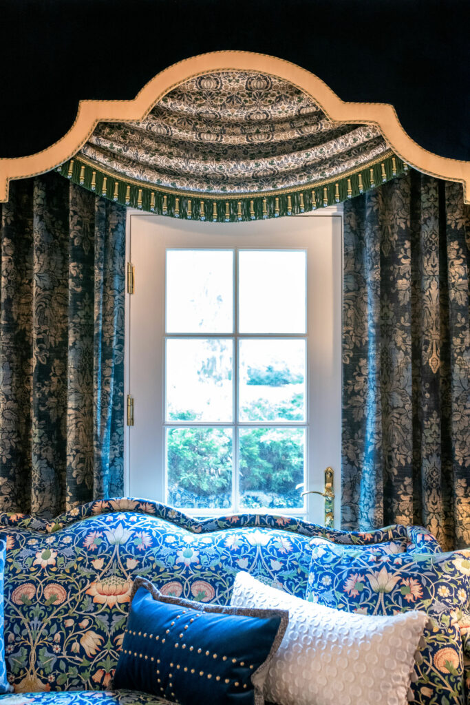 Custom window treatments multi-layer cornices with swags underneath Lindsey Putzier