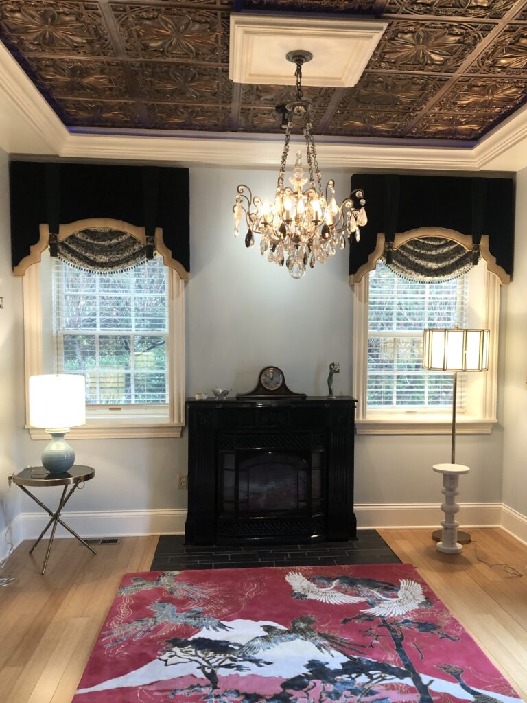 After image of fireplace design with Samuel & Sons custom window treatments Lindsey Putzier
