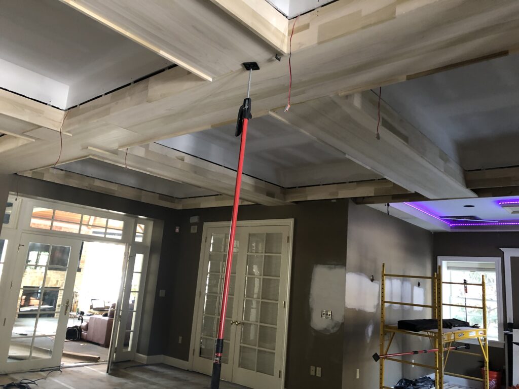 Progress image of coffered ceiling with LED chain lights Lindsey Putzier Design Studio