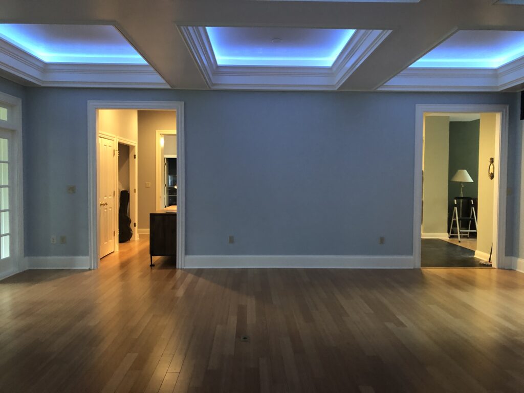 After image of coffered ceiling with LED chain lights Lindsey Putzier Design Studio