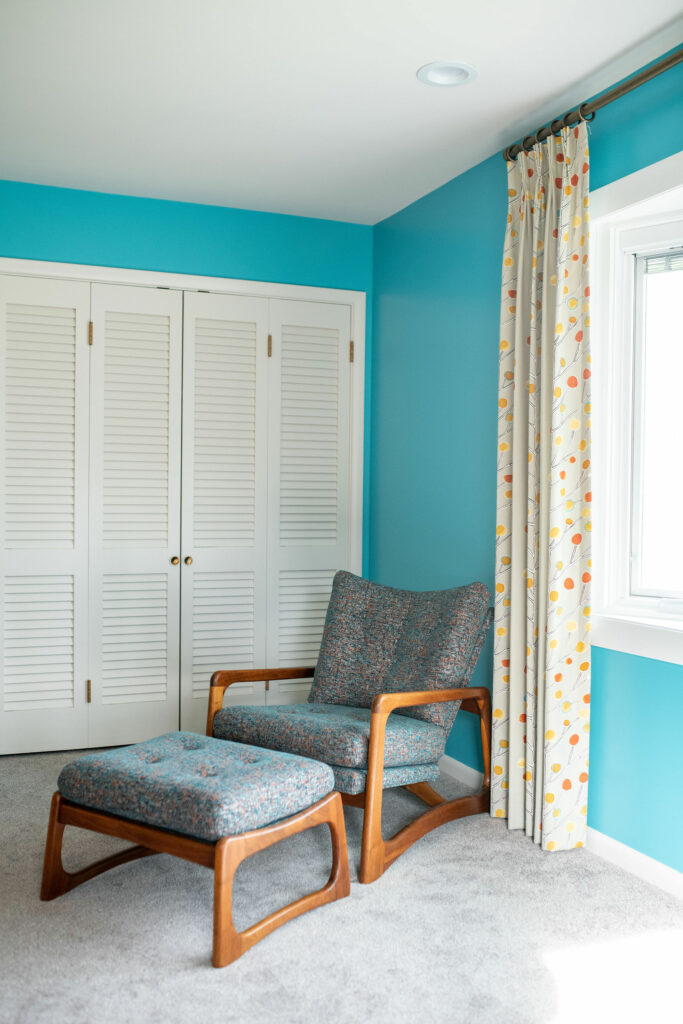 Reupholstered vintage chair with custom drapery in Master Bedroom Lindsey Putzier Design Studio Ohio