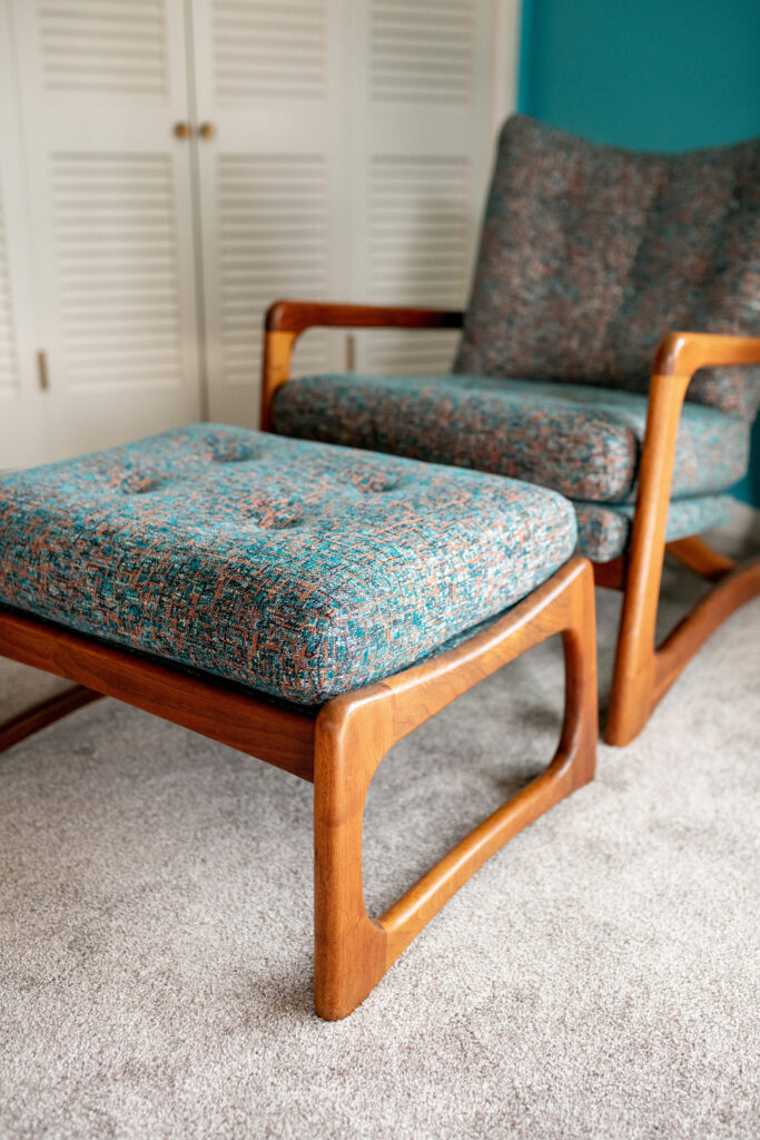 After image of reupholstered and stained vintage chair and ottoman Lindsey Putzier Design Studio Ohio