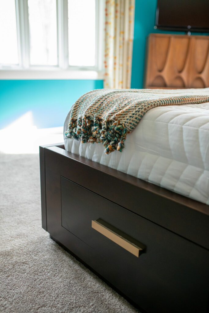 Inset drawers of custom designed bed in Bedroom Design Lindsey Putzier Design Studio Hudson, OH