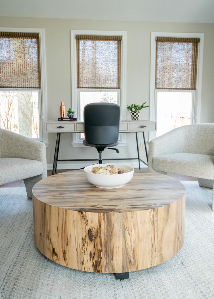 Cylinder coffee table in spalted primavera wood Lindsey Putzier Design Studio Hudson, OH