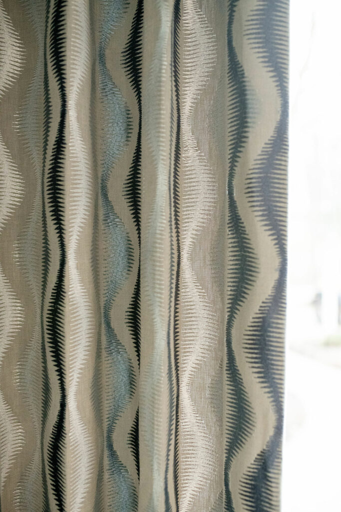 Custom Euro pleated panels in embroidered fabric Lindsey Putzier Design Studio Hudson, OH