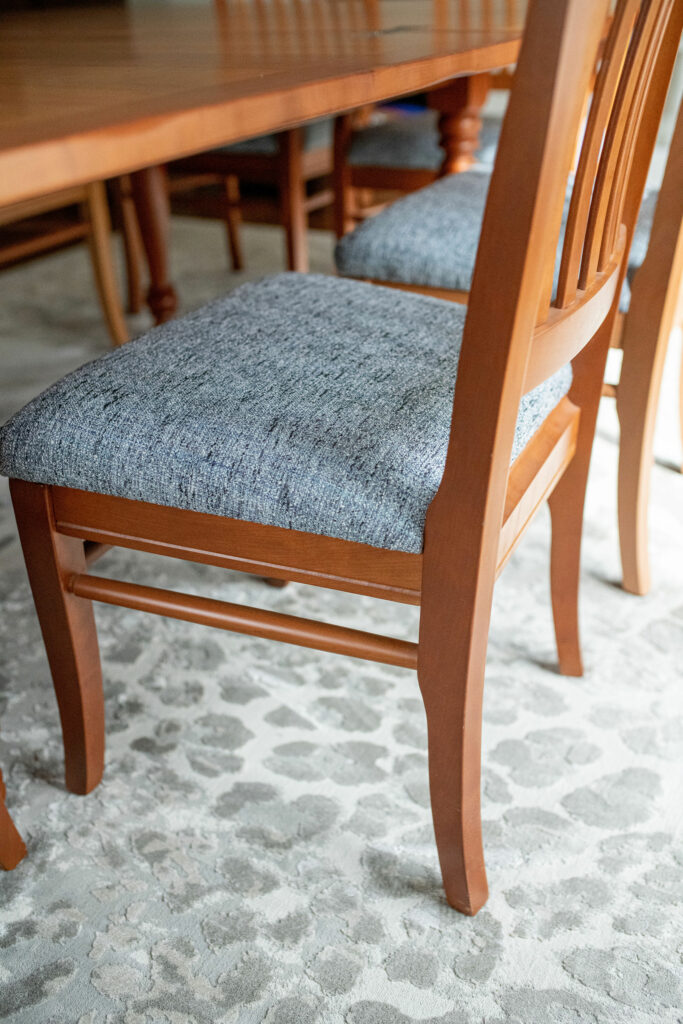 Boucle performance fabric reupholstered dining room seat cushions Lindsey Putzier Design Studio Ohio