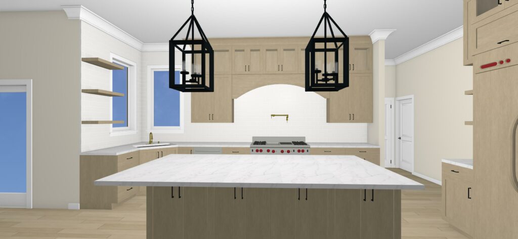 3D Rendering of Kitchen space including island, range, sink, cabinetry, and more