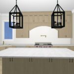 3D Rendering of Kitchen space including island, range, sink, cabinetry, and more