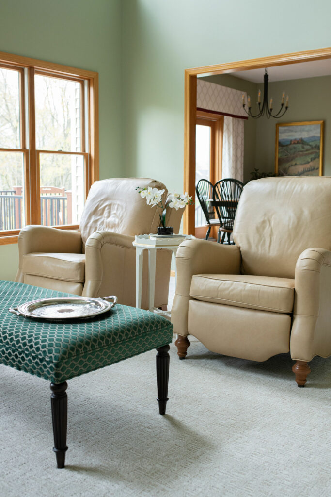 New leather recliners in Family Room space. Lindsey Putzier Design Studio Ohio