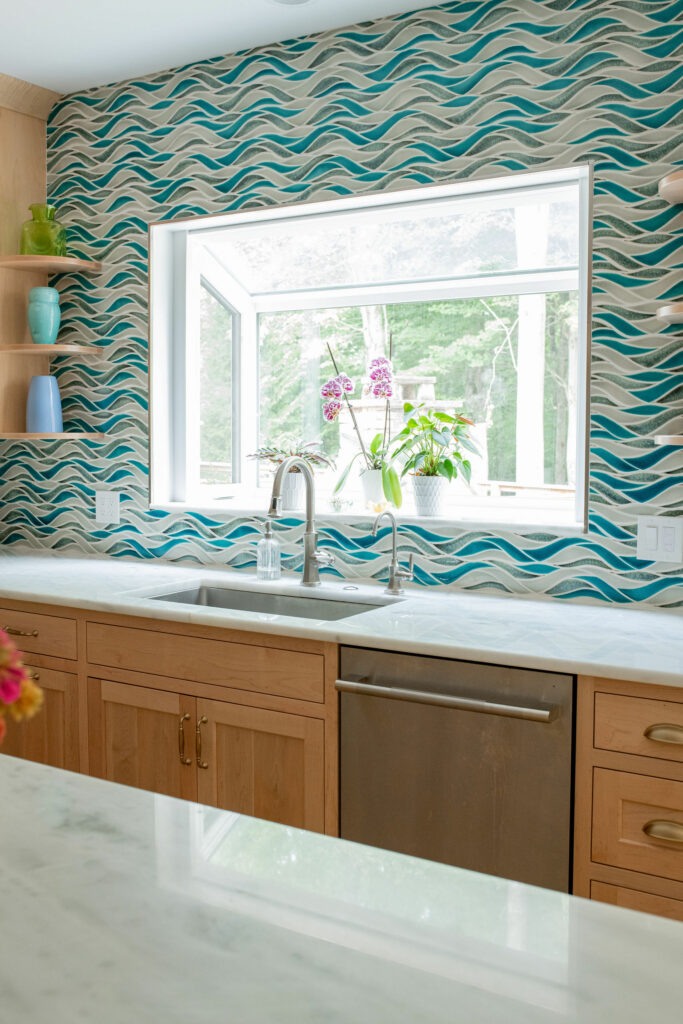Remodel counters natural quartzite and backsplash is a custom blend of colors. Solon, OH. Lindsey Putzier Design Studio