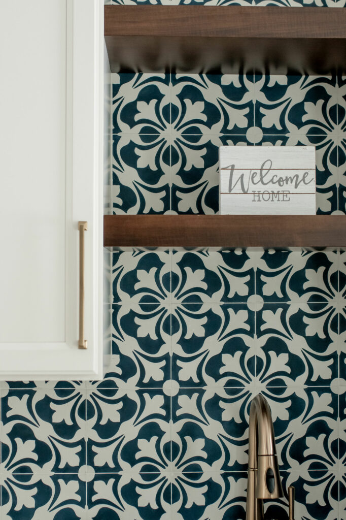 Geometric backsplash with Mudroom sink and faucet. Lindsey Putzier Design Studio. Hudson, OH