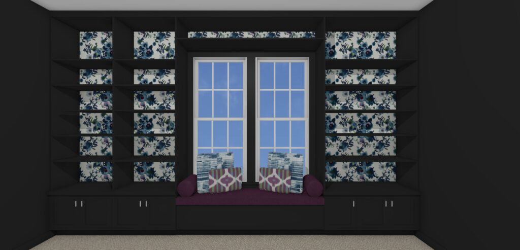 Design concept of wallpaper within built-in bookshelves. Lindsey Putzier Design Studio. Hudson, OH