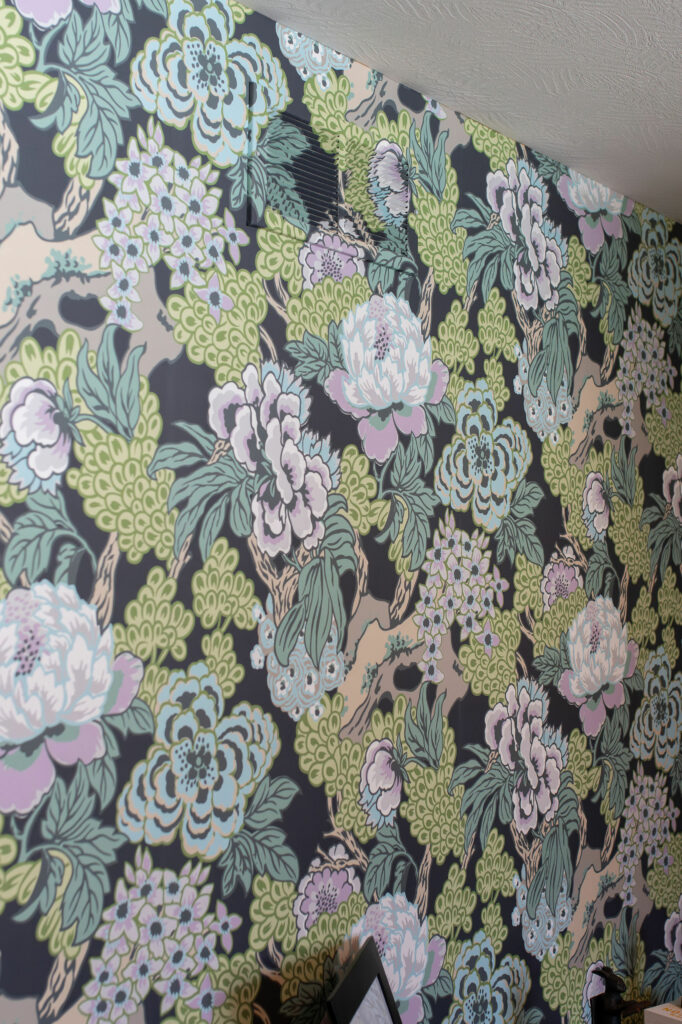 Close-up of the botanical wallpaper in Office design. Lindsey Putzier Design Studio. Hudson, OH