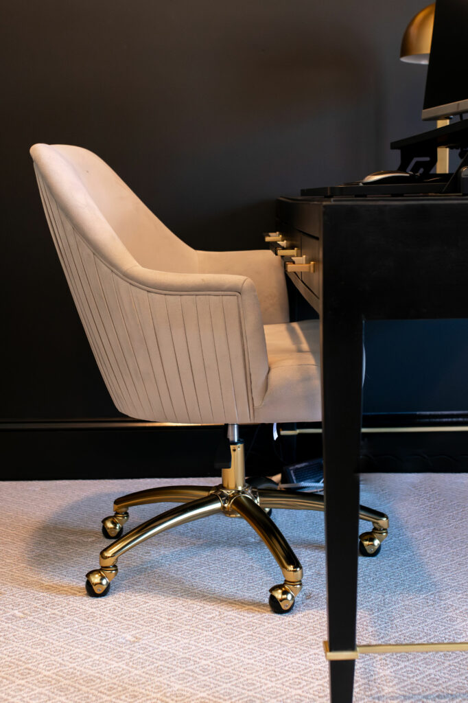 Tufted rolling office chair in Office design. Lindsey Putzier Design Studio Hudson, OH