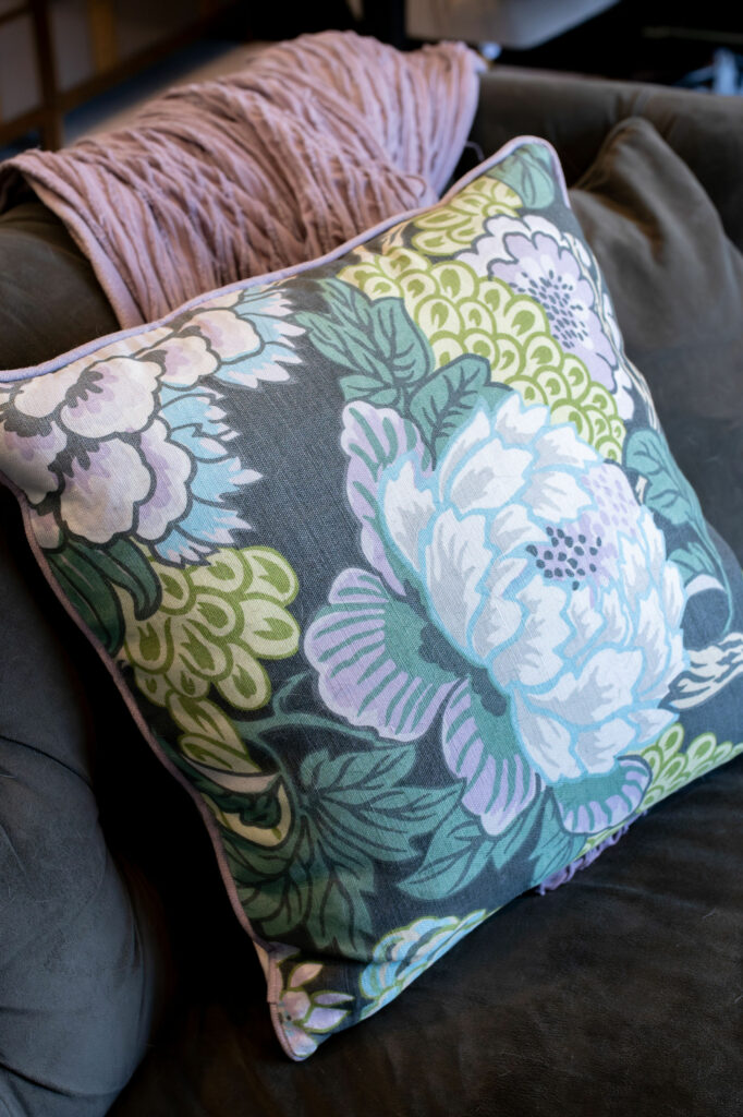 Custom Botanical pillow to match the wallpaper in Office design. Lindsey Putzier Design Studio, Hudson, OH