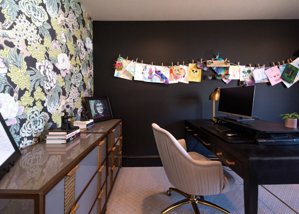 After image of mustard paint colored wall painted black in Office design. Lindsey Putzier Design Studio. Hudson, OH