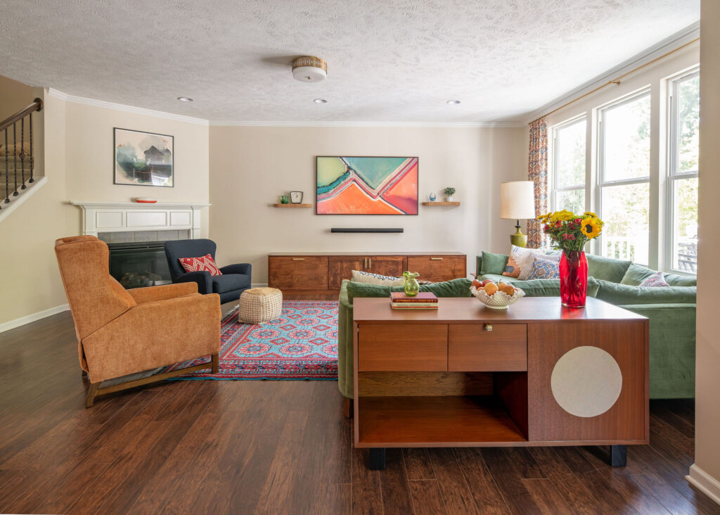 Retro living room, unique furniture, colorful accents in living room. Lindsey Putzier Interior Design Hudson, Ohio
