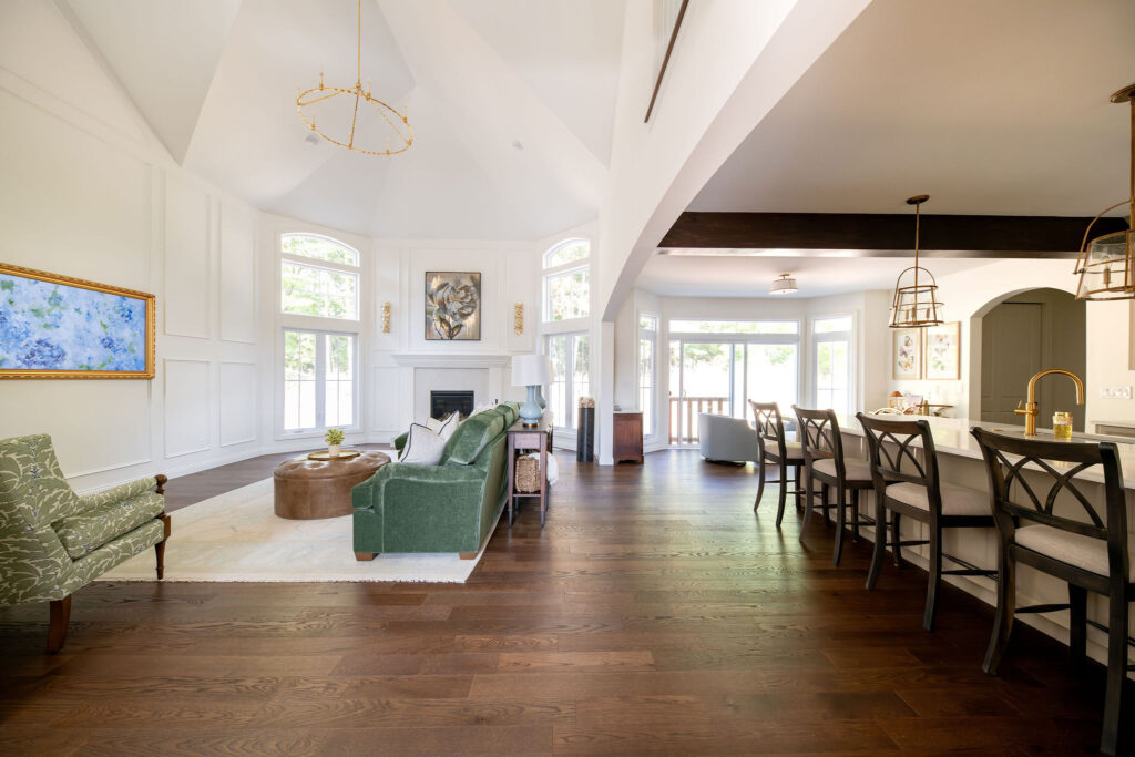 Open concept kitchen and living room in a newly built home in Chagrin Falls. Lindsey Putzier interior design