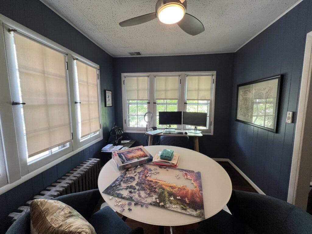 Before of the sunroom with dark walls and dated ceiling fan. Shaker Heights Ohio interior design Lindsey Putzier