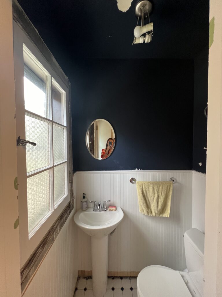Before of the bathroom with dated dark walls and dark finishes. Lindsey Putzier interior design Shaker Heights
