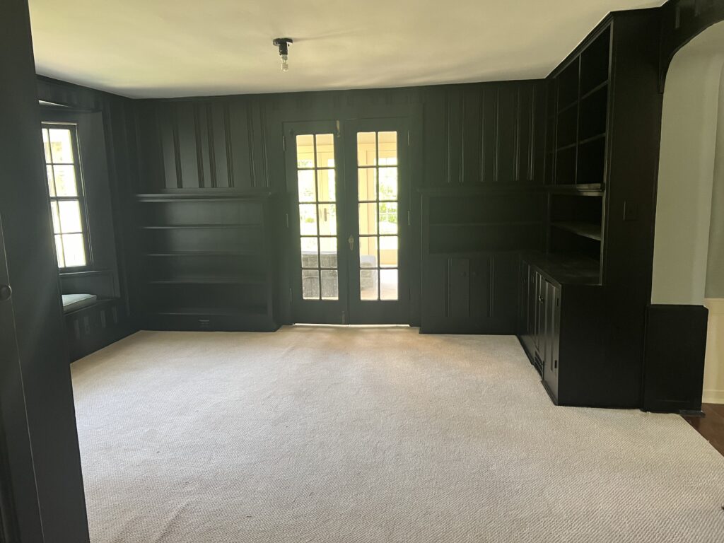 Before of the study in Hudson Ohio with no furniture and white ceilings. Lindsey Putzier interior Design