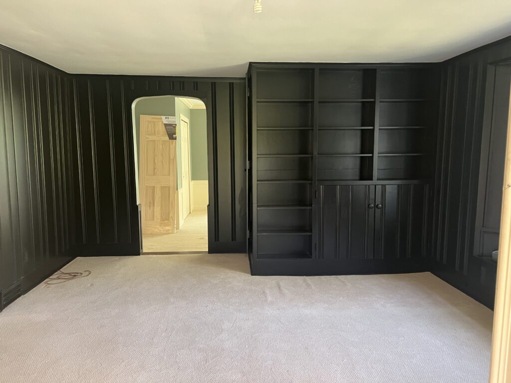 Before of the study in Hudson Ohio with no furniture and white ceilings. Lindsey Putzier interior Design