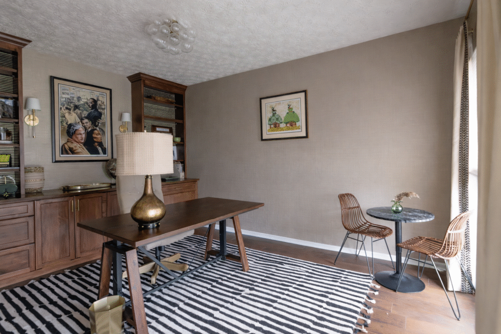 Updated home office with large custom cabinetry and patterns. Copley Ohio interior design Lindsey Putzier  