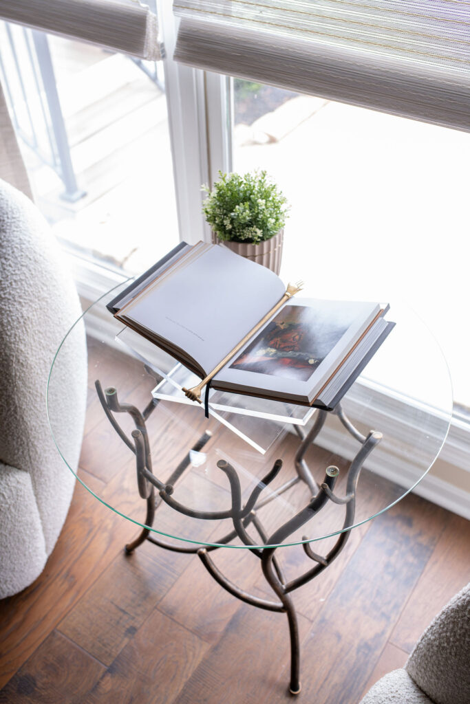 Glass accent table in the living room. Lindsey Putzier interior design Copley Ohio 
