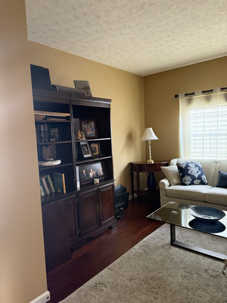 Before of the home office in Peninsula Ohio with warm tones walls and large dark bookshelf. Lindsey Putzier interior design