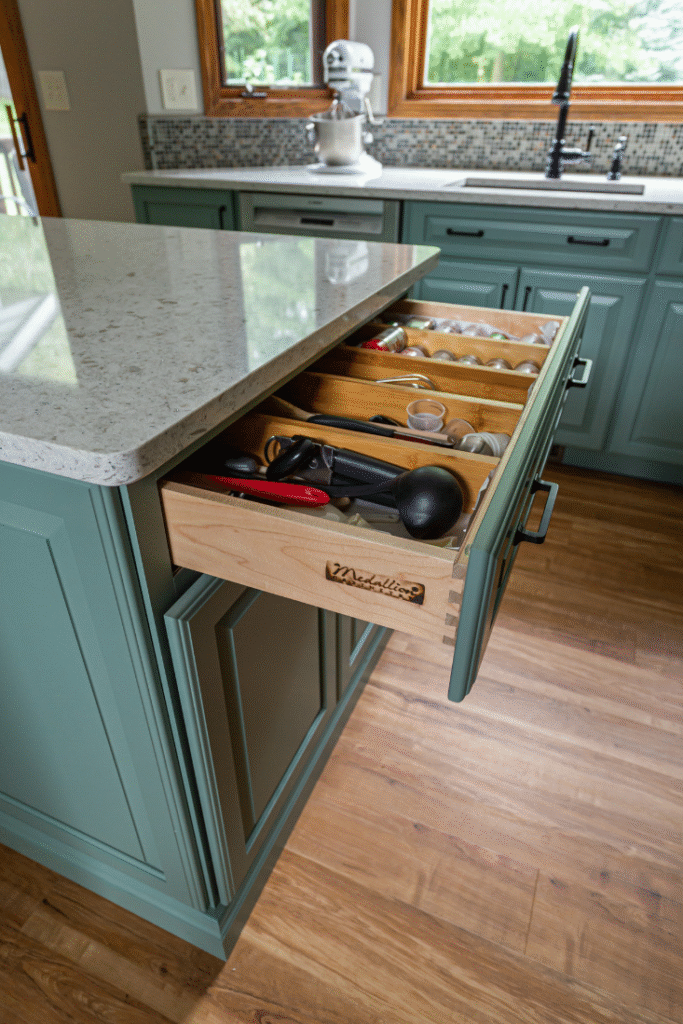 custom storage insert in the kitchen drawers made to fit those who live in the home. Lindsey Putzier interior design