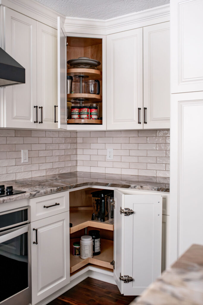 custom corner swivel cabinet insert in the kitchen. Lindsey Putzier interior design