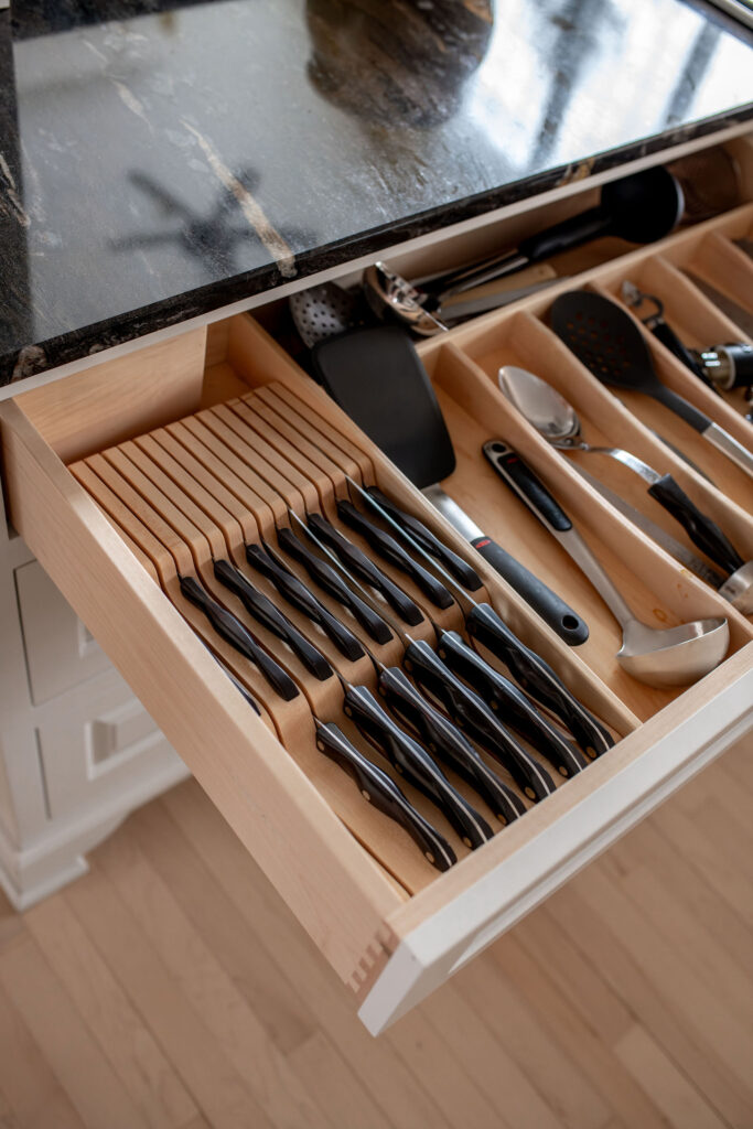 Custom knife sharpener and organizer in the kitchen. Lindsey Putzier interior design