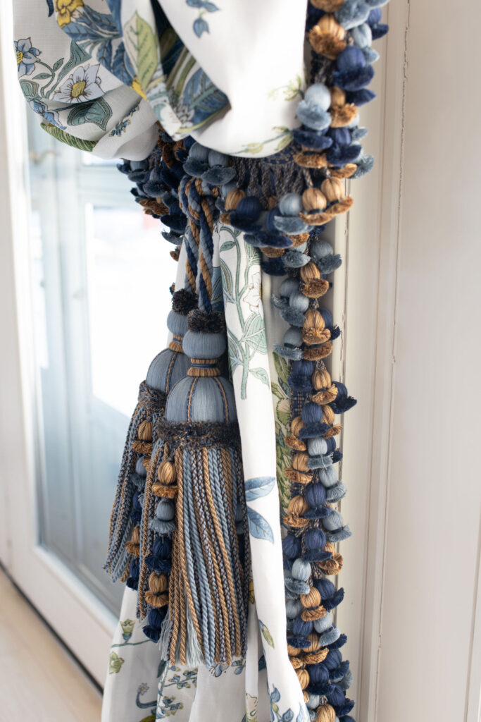 Large tassel on the custom window treatments with matching fringe trim. Aurora Ohio interior design Lindsey Putzier 