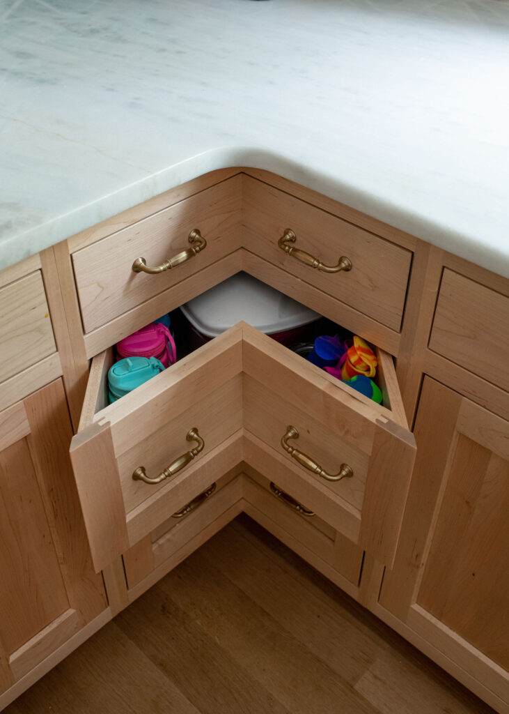 Custom corner drawer in the kitchen. Lindsey Putzier interior design