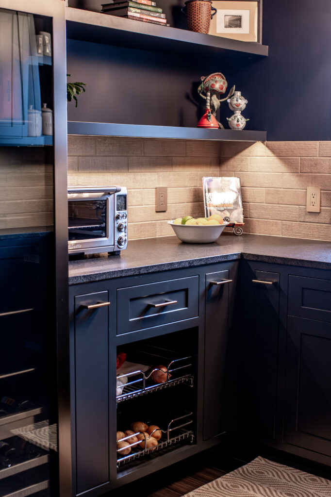 custom open storage baskets for produce in the butlers pantry Lindsey Putzier interior design