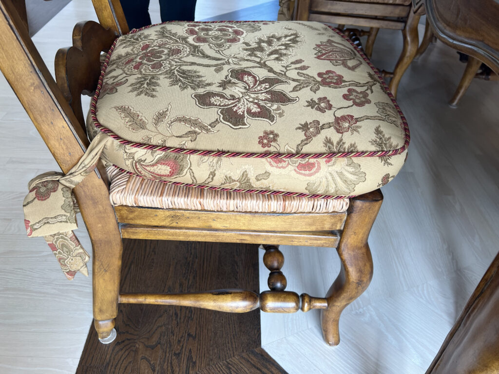 Before photo of the dining room chairs and dates cushion. Aurora Ohio interior design Lindsey Putzier 