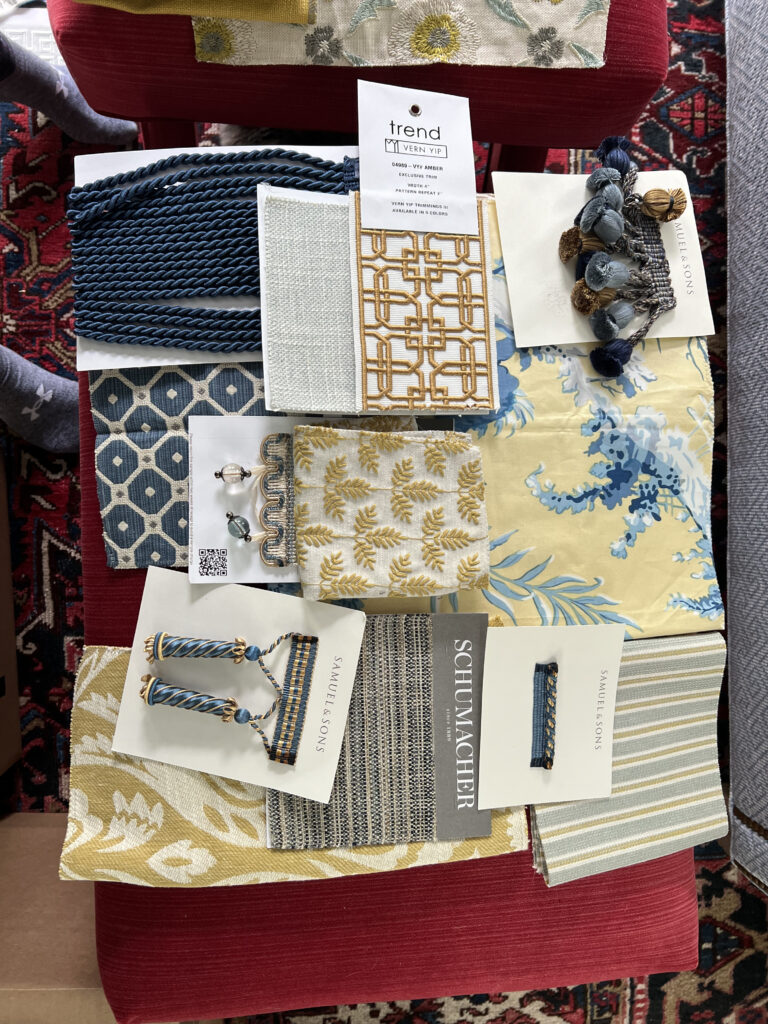 Swatches of fabric for the custom pillows Aurora Ohio Interior design Lindsey Putzier 