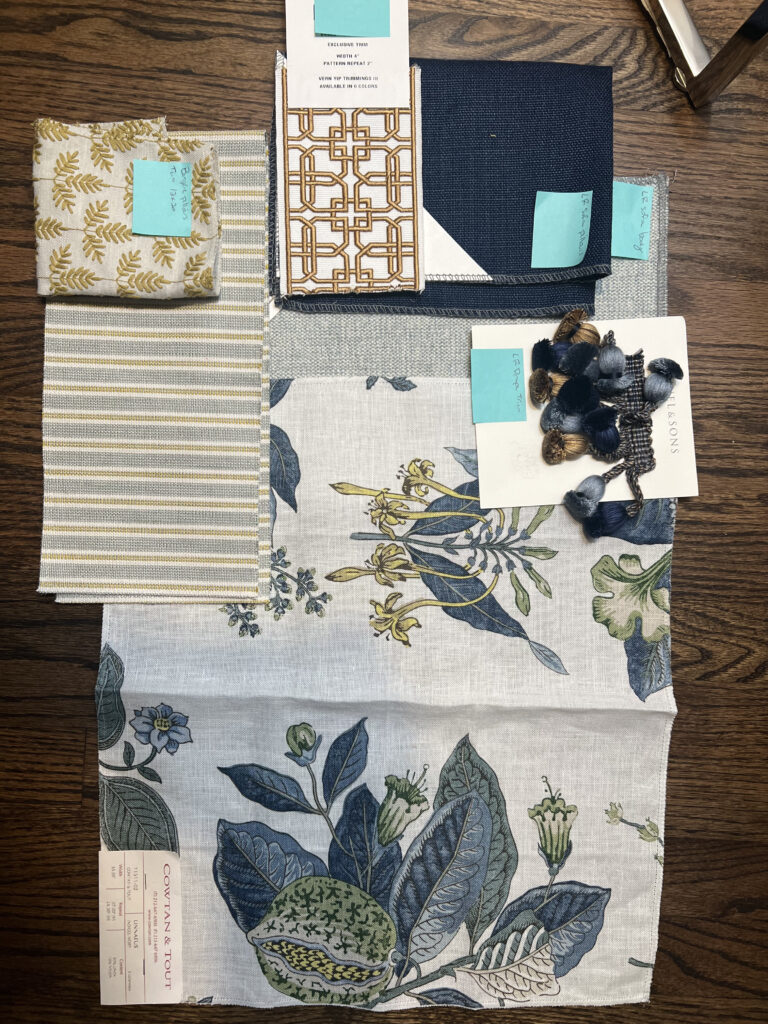 Swatches of fabric for the custom pillows Aurora Ohio Interior design Lindsey Putzier 