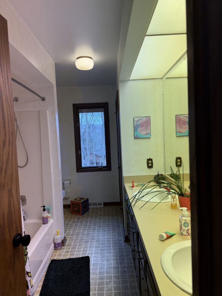 Before of the secondary bathroom with plastic shower insert, plastic flooring, and dated lighting. Lindsey Putzier interior design Akron Ohio  