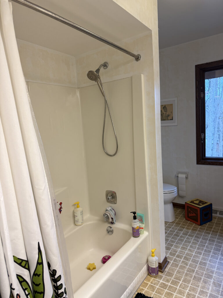 Before of the shower with builder grade features. Akron Ohio interior design Lindsey Putzier 