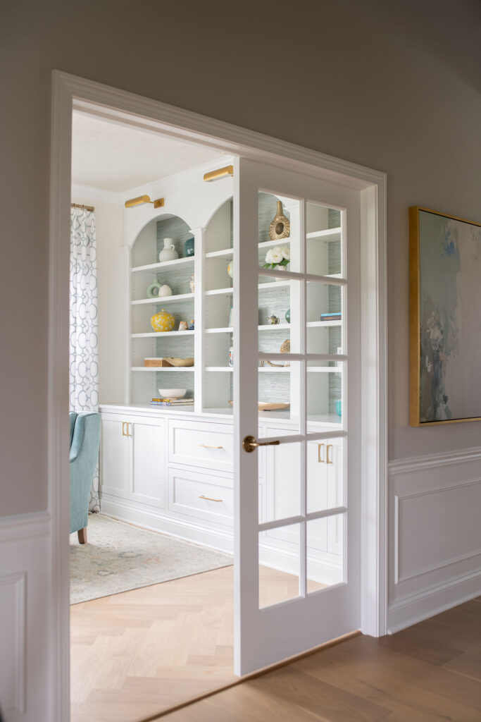 French glass doors opening up into the home office. Lindsey Putzier interior design Hudson Ohio 