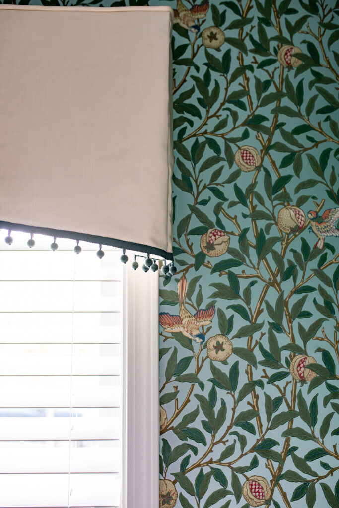 Powder room with statement wallpaper and clean custom window treatment. Lindsey Putzier interior design Hudson Ohio 